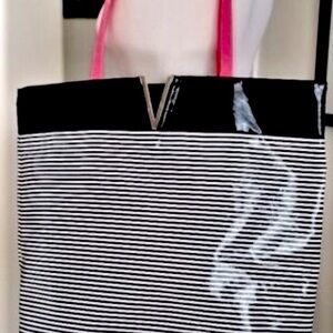 Victoria's Secret Tote Patent, Pink Strap and Lining Brass Logo XL